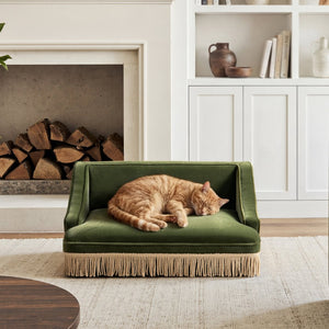 English Elm Duchess Regency Tufted Pet Sofa with Fringe Skirt Velvet Upholstery for Small Dogs Olive Green B2719P479031