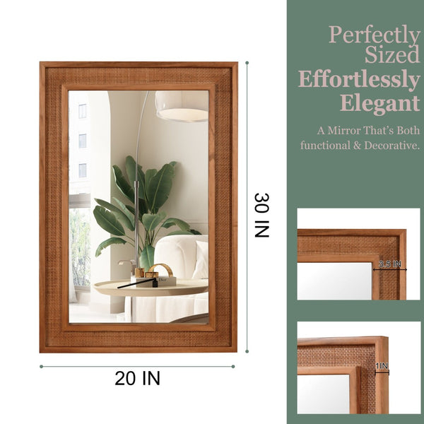 English Elm Natural Rattan Wrapped Solid Wood Rectangular Mirror Handcrafted Farmhouse Bathroom Entryway Yellowish-Brown W2203P436619