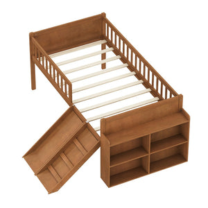 English Elm Twin Platform Kids Bed with Slide Ladder Guardrails Storage Shelf Wood Frame Walnut N733S415411M