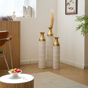 English Elm Floor White Metal Vases Set of 3 — Tall Glazed Cylinder Decor with Hammered Gold Trim, 24/28.7/33.5in W2796P193943