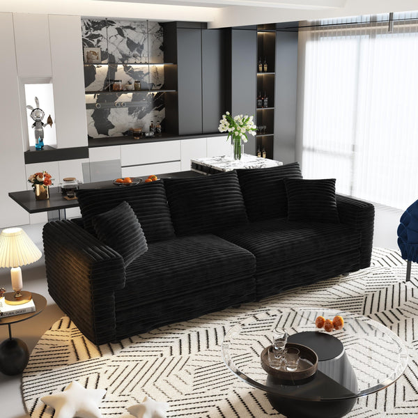 English Elm 82.7 Plush Corduroy 3-Seat Sofa – Modern Deep Seat Convertible Cloud Couch with Foam Pillows Black W1885S00145