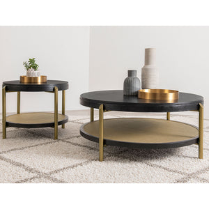 English Elm Benson Round Black End Table with Woven Rattan Shelf, Rubberwood & White Ash Veneer Accent, Sturdy Stylish 26" Surface B062P374115