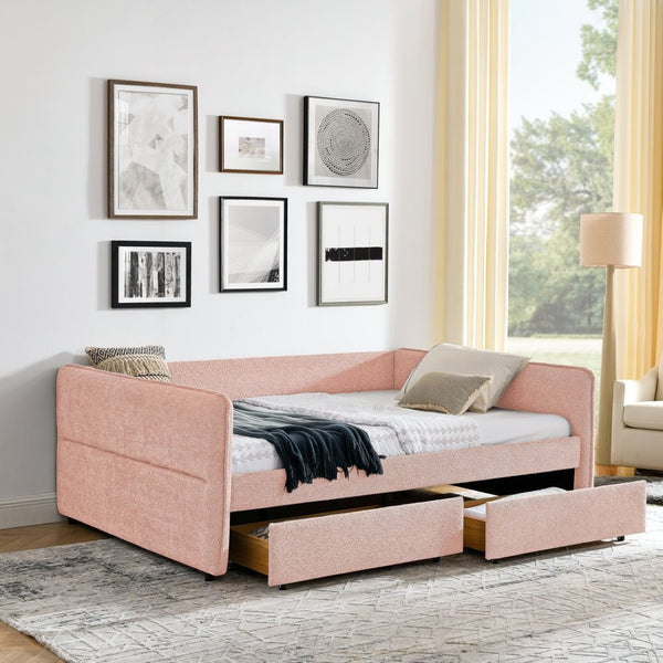 English Elm Queen Boucle Tufted Daybed Sofa with Storage Drawers Eucalyptus Frame Guest Room Pink W1413S00178