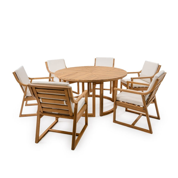 English Elm Trexm Outdoor Acacia Wood Round Dining Set Seats Six with Cushioned Chairs and Umbrella Hole Light Teak TM000027AAD