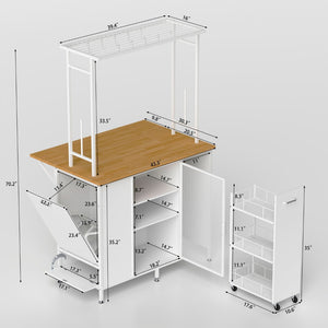 English Elm Kitchen Island with Flip up Breakfast Bar Solid Wood Top Cabinet Shelves and Hooks W2167P210778