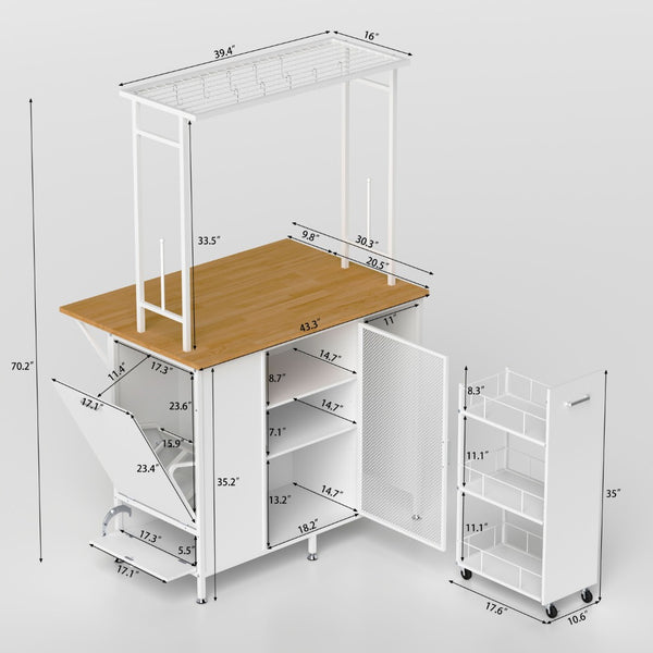 English Elm Kitchen Island with Flip up Breakfast Bar Solid Wood Top Cabinet Shelves and Hooks W2167P210778