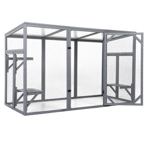 English Elm Outdoor Cedar Cat Enclosure with Polycarbonate Roof Three Platforms and Galvanized Mesh Run W2181P356206