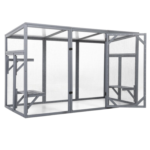 English Elm Outdoor Cedar Cat Enclosure with Polycarbonate Roof Three Platforms and Galvanized Mesh Run W2181P356206