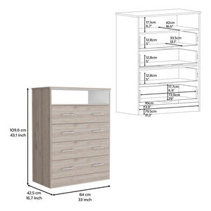 English Elm Four Drawer Dresser with Superior Top and Open Shelf, Engineered Wood, Metal Hardware, Modern Storage Multicolor 47 L x 21 W x 4 H B097S00141