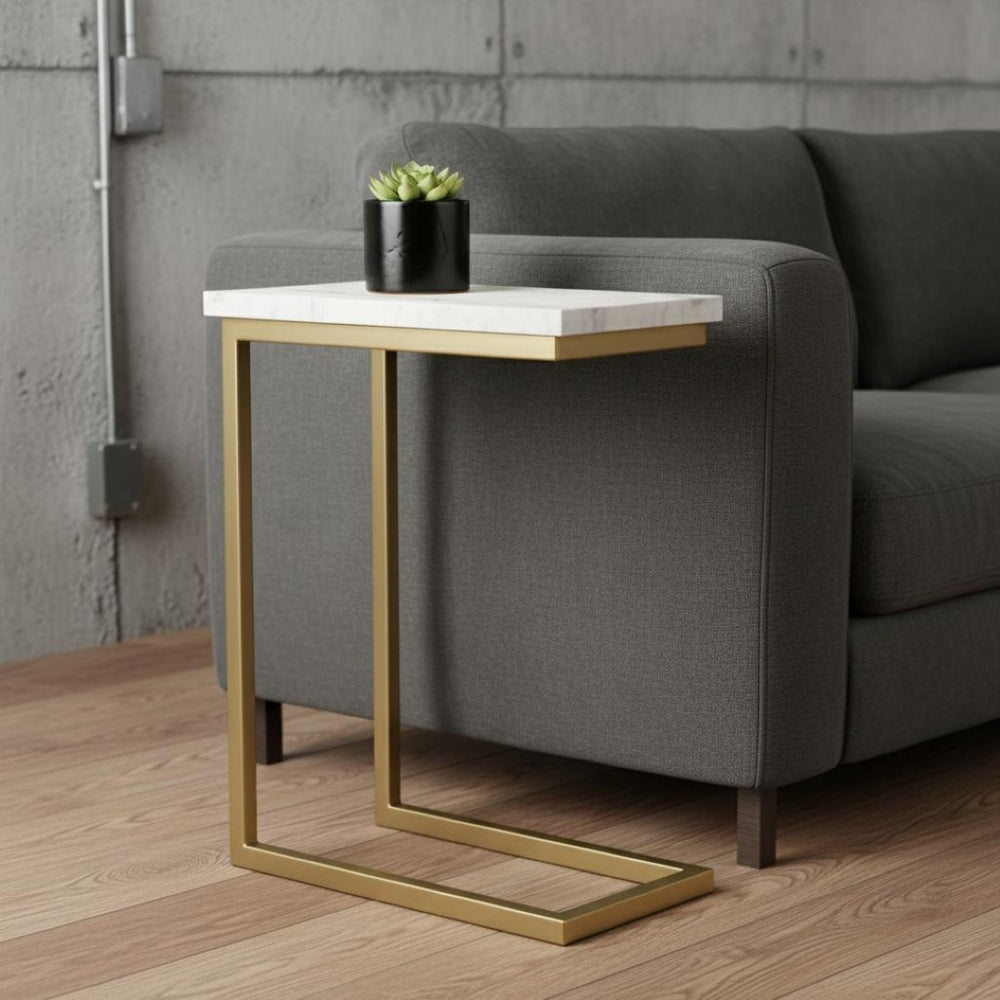HomeRoots 24" Gold Marble End Table with Hidden Storage - Stylish Accent Table for Small Spaces & Modern Decor 636085