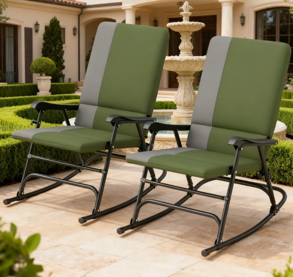 English Elm Folding Outdoor Rocking Chair Set of 2 with Padded High Back Steel Frame Porch T3971P420614