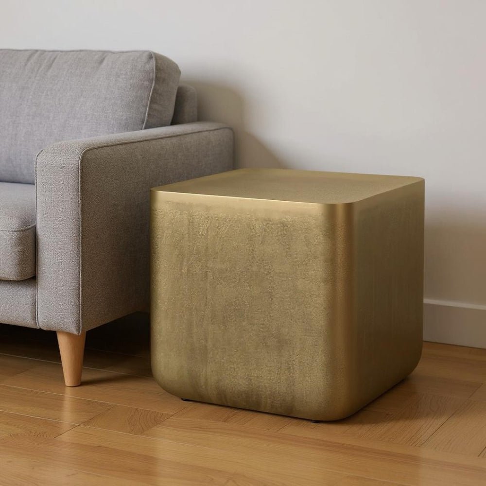 HomeRoots 17" Antiqued Brass Aluminum Square End Table - Stylish Accent for Small Spaces & Modern Decor 636118