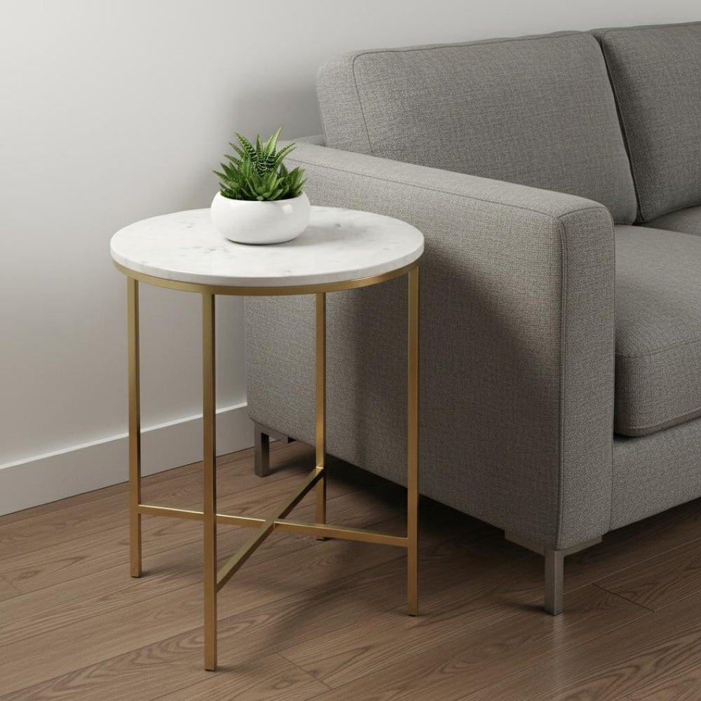 HomeRoots 21" Gold Iron Round End Table with Trunk Storage – Elegant, Modern Design for Stylish Living Spaces 636125