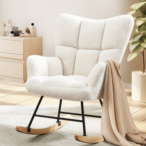 HomeRoots 23" Chic Off-White Boucle Glider Rocking Chair with Black Steel Frame - Modern Comfort for Any Space 636212