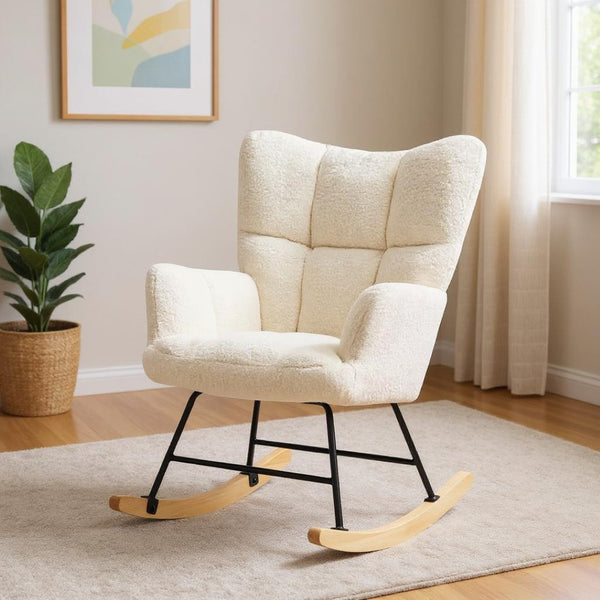 HomeRoots 23" Chic Off-White Boucle Glider Rocking Chair with Black Steel Frame - Modern Comfort for Any Space 636212