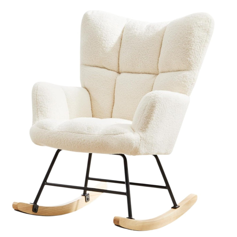 HomeRoots 23" Chic Off-White Boucle Glider Rocking Chair with Black Steel Frame - Modern Comfort for Any Space 636212