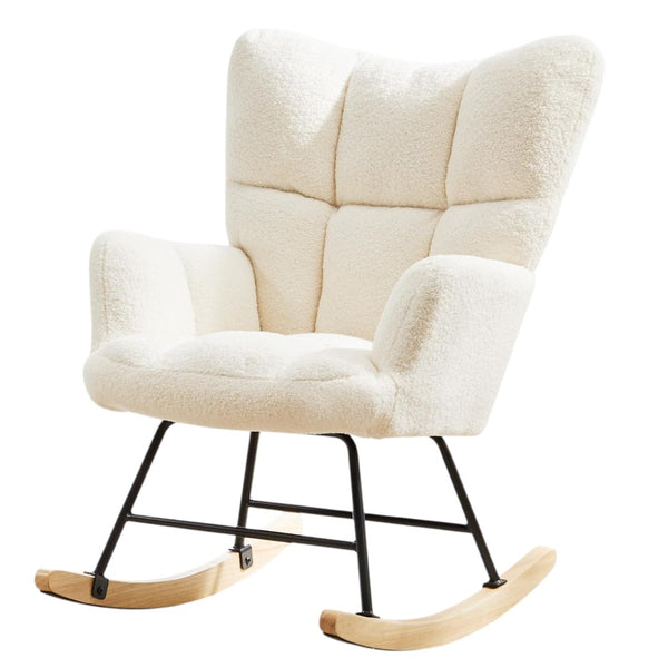 HomeRoots 23" Chic Off-White Boucle Glider Rocking Chair with Black Steel Frame - Modern Comfort for Any Space 636212