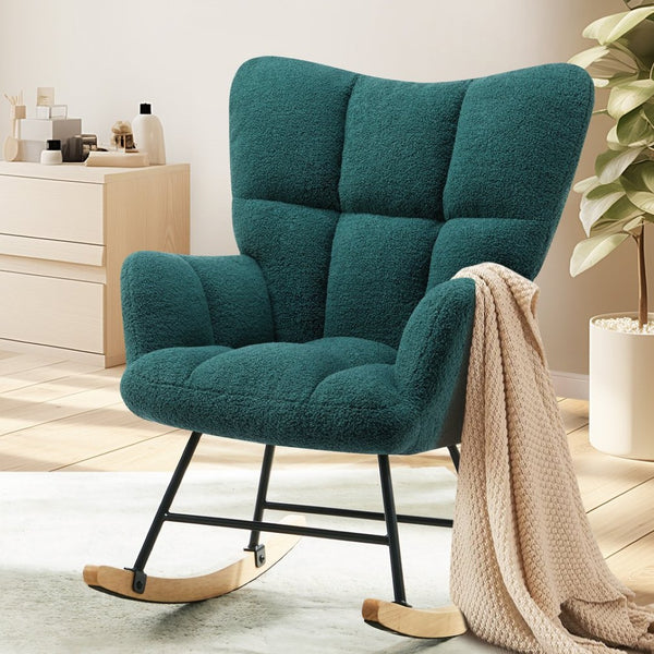 HomeRoots 23" Boucle Glider Rocking Chair in Spruce Green - Plush Comfort for Nursery or Living Room Relaxation 636213