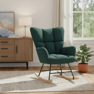 HomeRoots 23" Boucle Glider Rocking Chair in Spruce Green - Plush Comfort for Nursery or Living Room Relaxation 636213