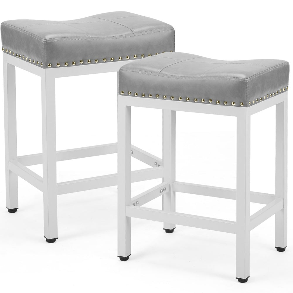 HomeRoots Set of Two 22" Modern Gray Upholstered Backless Bar Chairs with Durable Off-White Plastic Base 636215