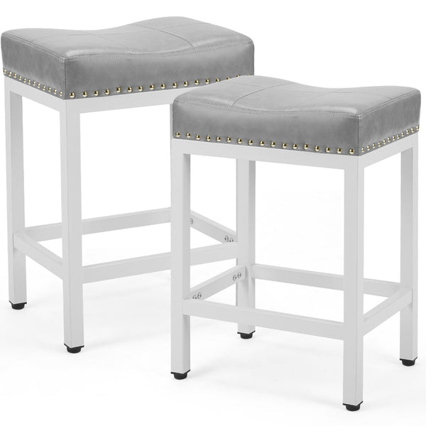 HomeRoots Set of Two 22" Modern Gray Upholstered Backless Bar Chairs with Durable Off-White Plastic Base 636215