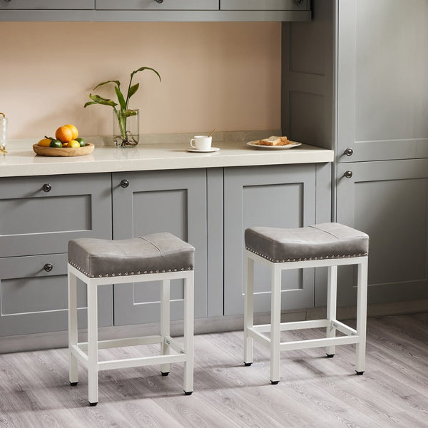 HomeRoots Set of Two 22" Modern Gray Upholstered Backless Bar Chairs with Durable Off-White Plastic Base 636215