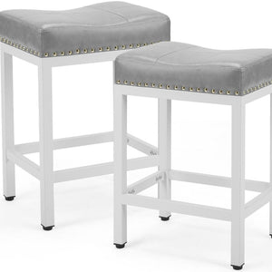 HomeRoots Set of Two 22" Modern Gray Upholstered Backless Bar Chairs with Durable Off-White Plastic Base 636215