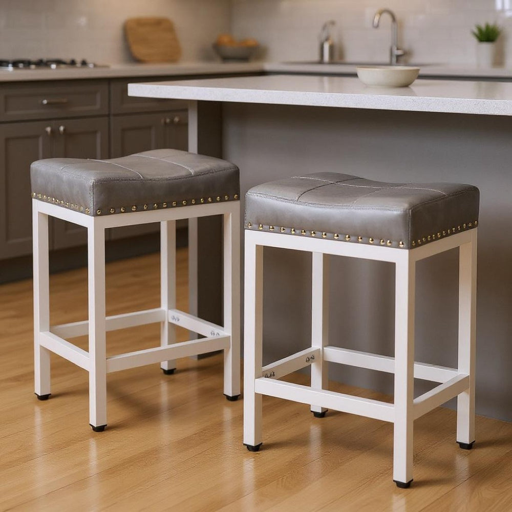 HomeRoots Set of Two 22" Modern Gray Upholstered Backless Bar Chairs with Durable Off-White Plastic Base 636215