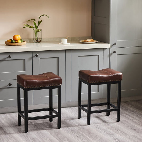 HomeRoots Set of Two Stylish 22" Backless Bar Chairs - Durable Black Plastic Base & Chic Upholstered Seats 636216