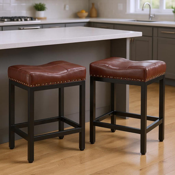 HomeRoots Set of Two Stylish 22" Backless Bar Chairs - Durable Black Plastic Base & Chic Upholstered Seats 636216