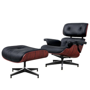 HomeRoots 27" Black and Rosewood Tufted Leather Swivel Lounge Chair & Ottoman - Mid-Century Modern Comfort! 636223
