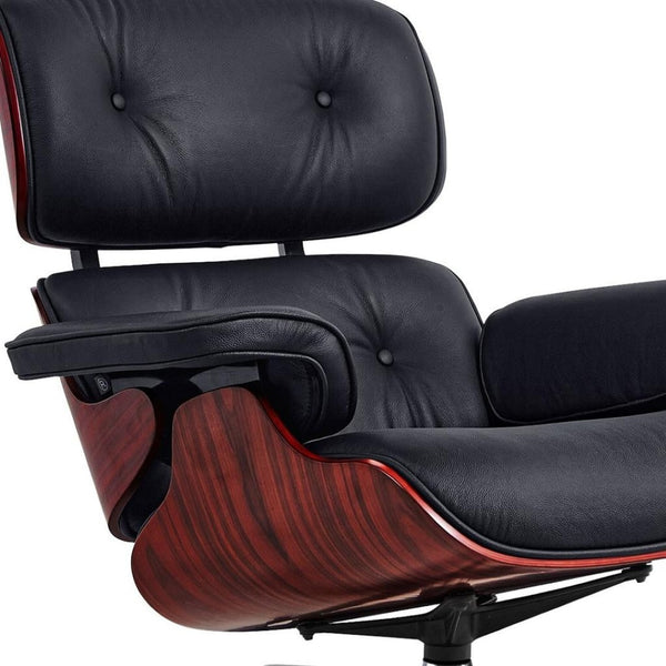 HomeRoots 27" Black and Rosewood Tufted Leather Swivel Lounge Chair & Ottoman - Mid-Century Modern Comfort! 636223