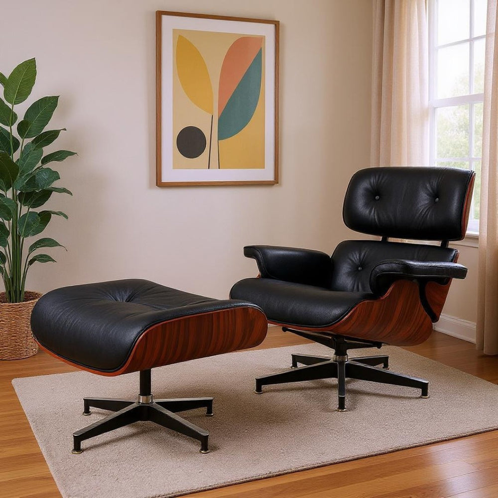 HomeRoots 27" Black and Rosewood Tufted Leather Swivel Lounge Chair & Ottoman - Mid-Century Modern Comfort! 636223