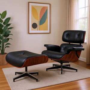 HomeRoots 27" Black and Rosewood Tufted Leather Swivel Lounge Chair & Ottoman - Mid-Century Modern Comfort! 636223