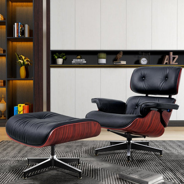 HomeRoots 27" Black and Rosewood Tufted Leather Swivel Lounge Chair & Ottoman - Mid-Century Modern Comfort! 636223