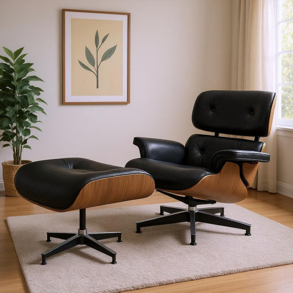 HomeRoots 27" Black Leather Mid-Century Modern Swivel Lounge Chair & Ottoman Set for Stylish Comfort & Durability 636224