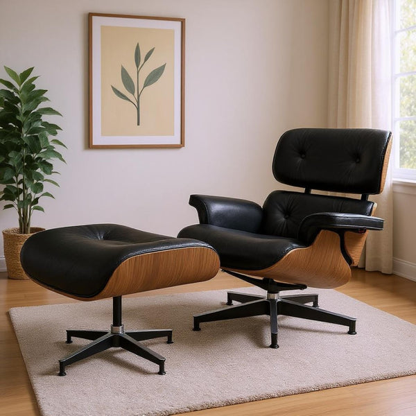 HomeRoots 27" Black Leather Mid-Century Modern Swivel Lounge Chair & Ottoman Set for Stylish Comfort & Durability 636224
