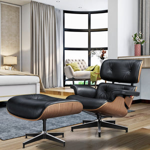 HomeRoots 27" Black Leather Mid-Century Modern Swivel Lounge Chair & Ottoman Set for Stylish Comfort & Durability 636224