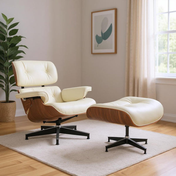 HomeRoots 27" Stylish Mid-Century Swivel Lounge Chair & Ottoman Set in Off-White Leather with Walnut Frame 636225