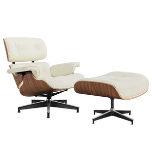 HomeRoots 27" Stylish Mid-Century Swivel Lounge Chair & Ottoman Set in Off-White Leather with Walnut Frame 636225