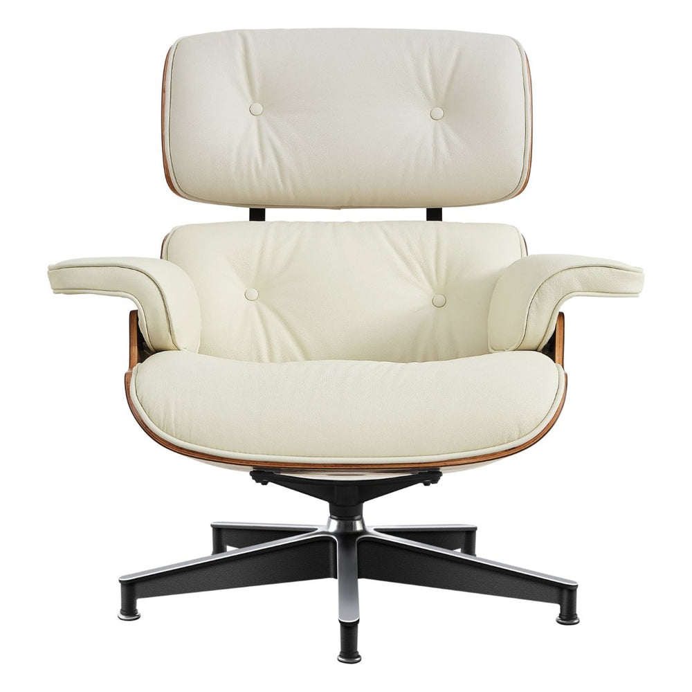 HomeRoots 27" Stylish Mid-Century Swivel Lounge Chair & Ottoman Set in Off-White Leather with Walnut Frame 636225