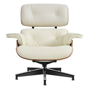HomeRoots 27" Stylish Mid-Century Swivel Lounge Chair & Ottoman Set in Off-White Leather with Walnut Frame 636225