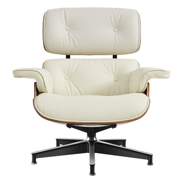 HomeRoots 27" Stylish Mid-Century Swivel Lounge Chair & Ottoman Set in Off-White Leather with Walnut Frame 636225
