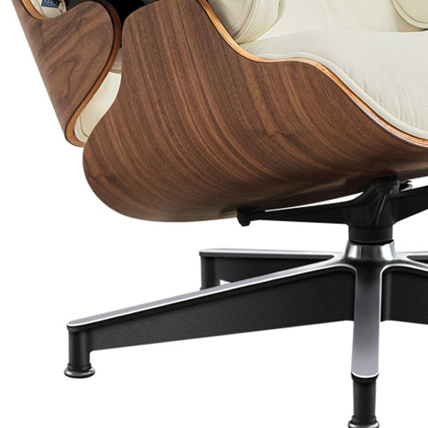 HomeRoots 27" Stylish Mid-Century Swivel Lounge Chair & Ottoman Set in Off-White Leather with Walnut Frame 636225