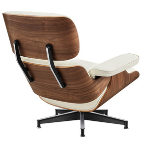 HomeRoots 27" Stylish Mid-Century Swivel Lounge Chair & Ottoman Set in Off-White Leather with Walnut Frame 636225