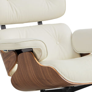 HomeRoots 27" Stylish Mid-Century Swivel Lounge Chair & Ottoman Set in Off-White Leather with Walnut Frame 636225