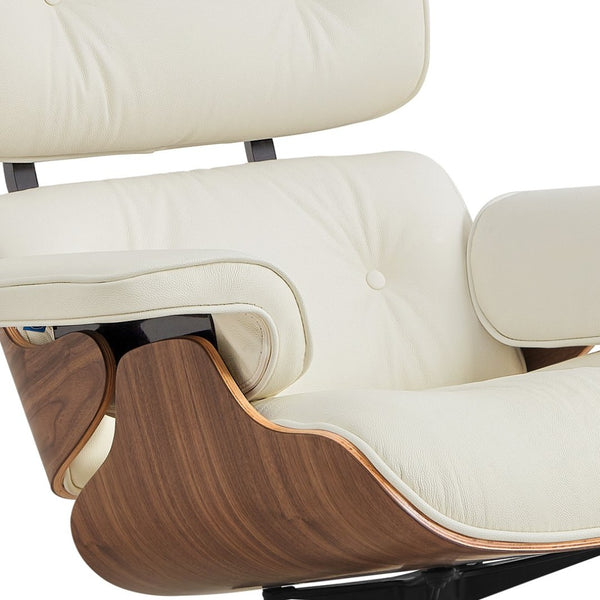 HomeRoots 27" Stylish Mid-Century Swivel Lounge Chair & Ottoman Set in Off-White Leather with Walnut Frame 636225