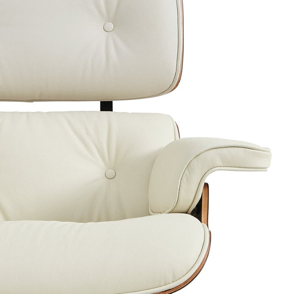 HomeRoots 27" Stylish Mid-Century Swivel Lounge Chair & Ottoman Set in Off-White Leather with Walnut Frame 636225