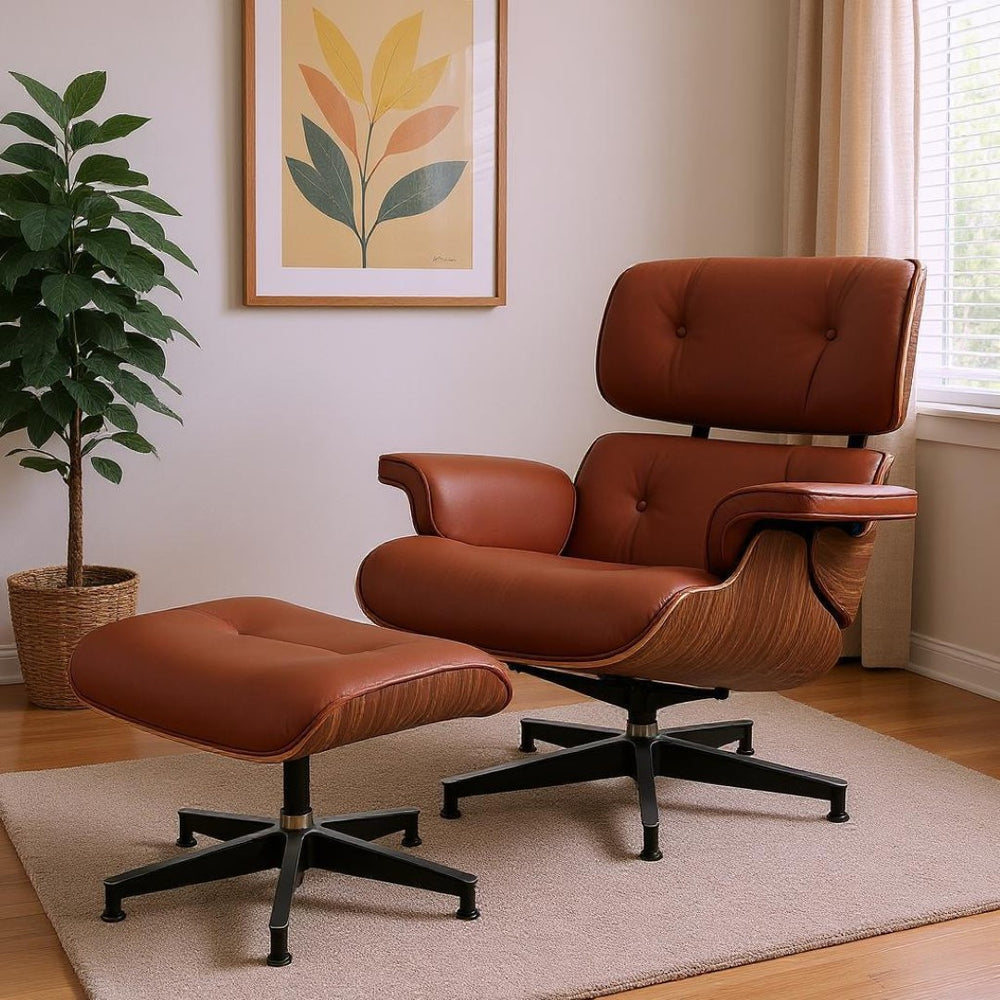 HomeRoots 27" Brown Tufted Genuine Leather Swivel Lounge Chair & Ottoman Set - Mid-Century Modern Comfort 636226