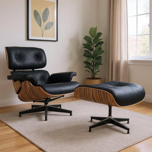 HomeRoots 27" Black and Brown Tufted Cowhide Swivel Lounge Chair & Ottoman - Mid-Century Modern Comfort 636227